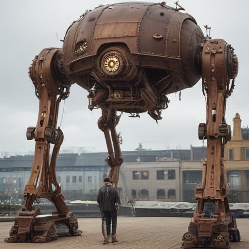 Generate steampunk walking hotel with large mechanical legs that lift it high off the ground