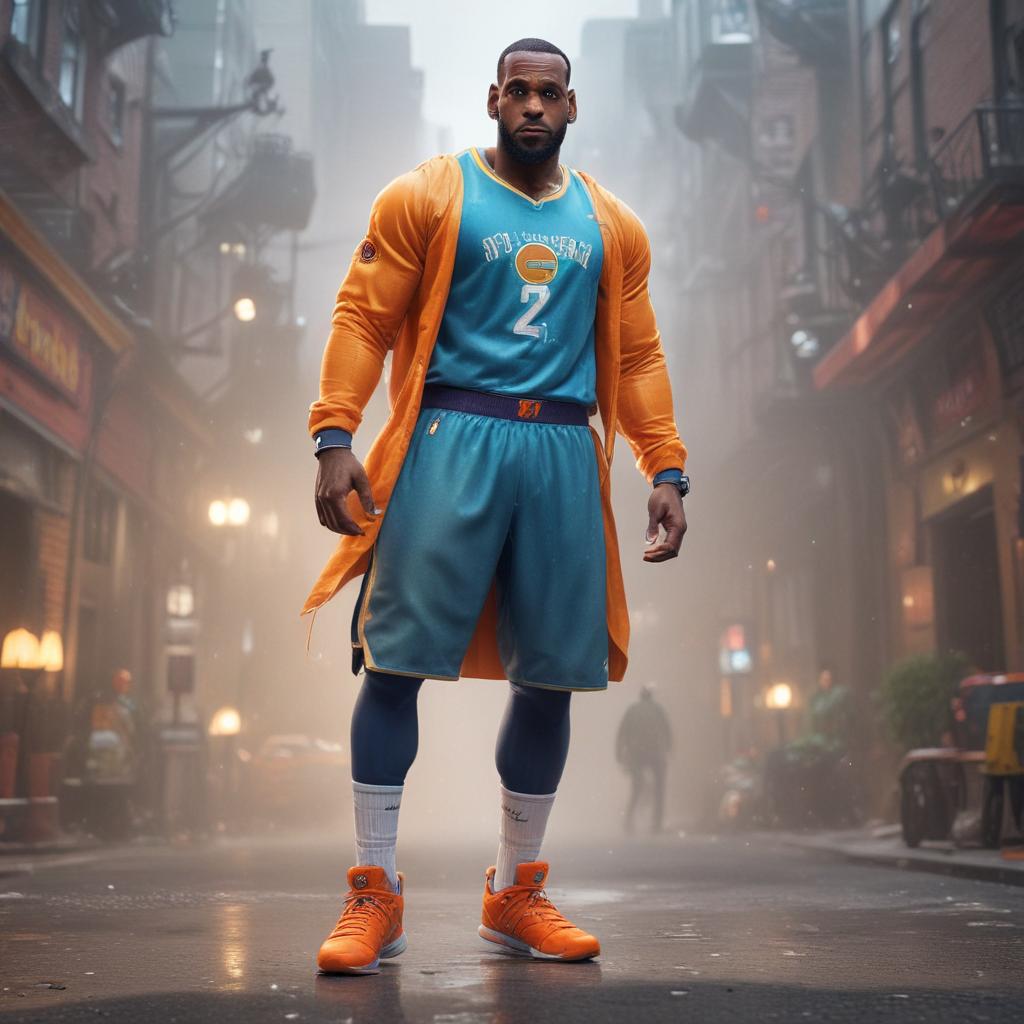 distance-shot, flashy, full-body, dynamic, holographic, animated cartoon poster of lebron james in the style of dragon ball super hyperrealistic, full body, detailed clothing, highly detailed, cinematic lighting, stunningly beautiful, intricate, sharp focus, f/1. 8, 85mm, (centered image composition), (professionally color graded), ((bright soft diffused light)), volumetric fog, trending on instagram, trending on tumblr, HDR 4K, 8K