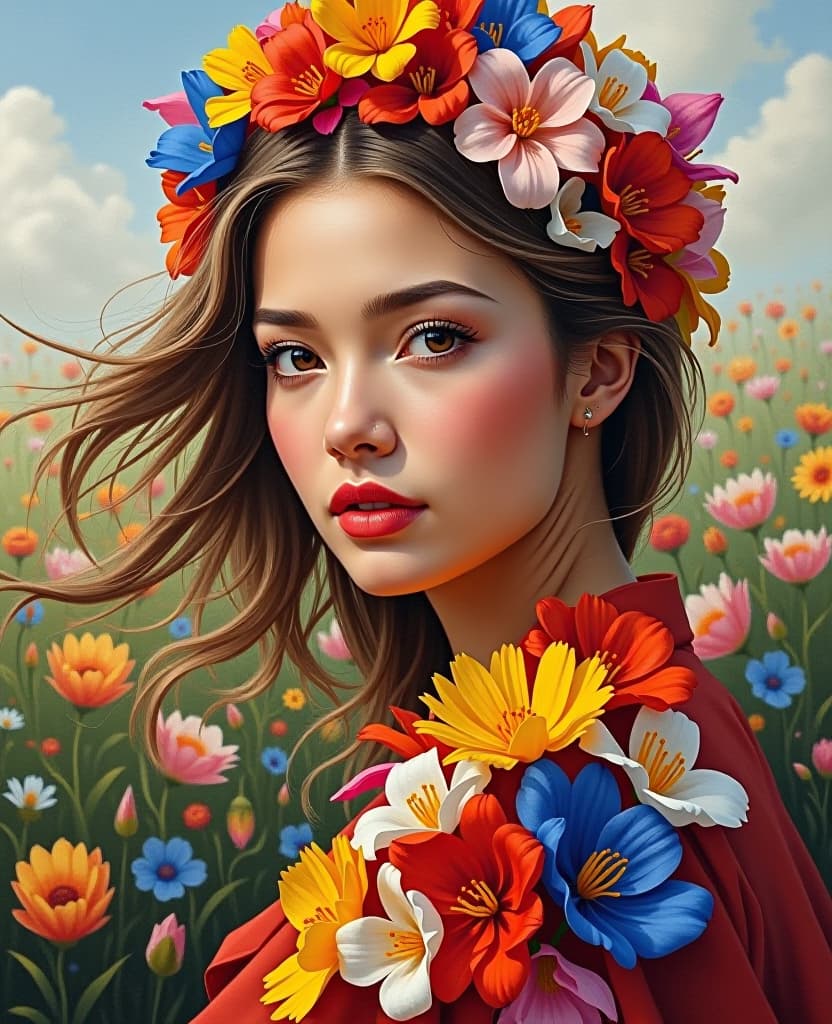  close up portrait of a beautiful woman wearing a colorful flower petals, standing in a flower field, hair flying in the wind, detailed background, vivid colors, piercing eyes, perfect face, oil painting, expressive brushwork, luminous color palette, and delicate details