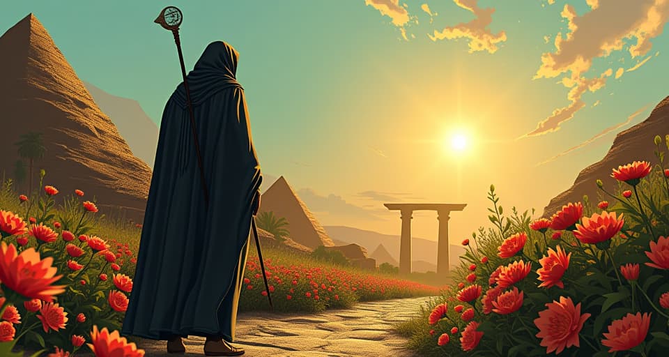  a garden in bloom with radiant flowers, a resistant figure in heavy robes, back turned, choosing to walk into barren land, symbolizing refusal to grow.. the style is digital art illustration / modern comic book / mysterious occult, symbolic, esoteric vibe,high detail on character design, incorporating ancient egyptian symbology and attire.