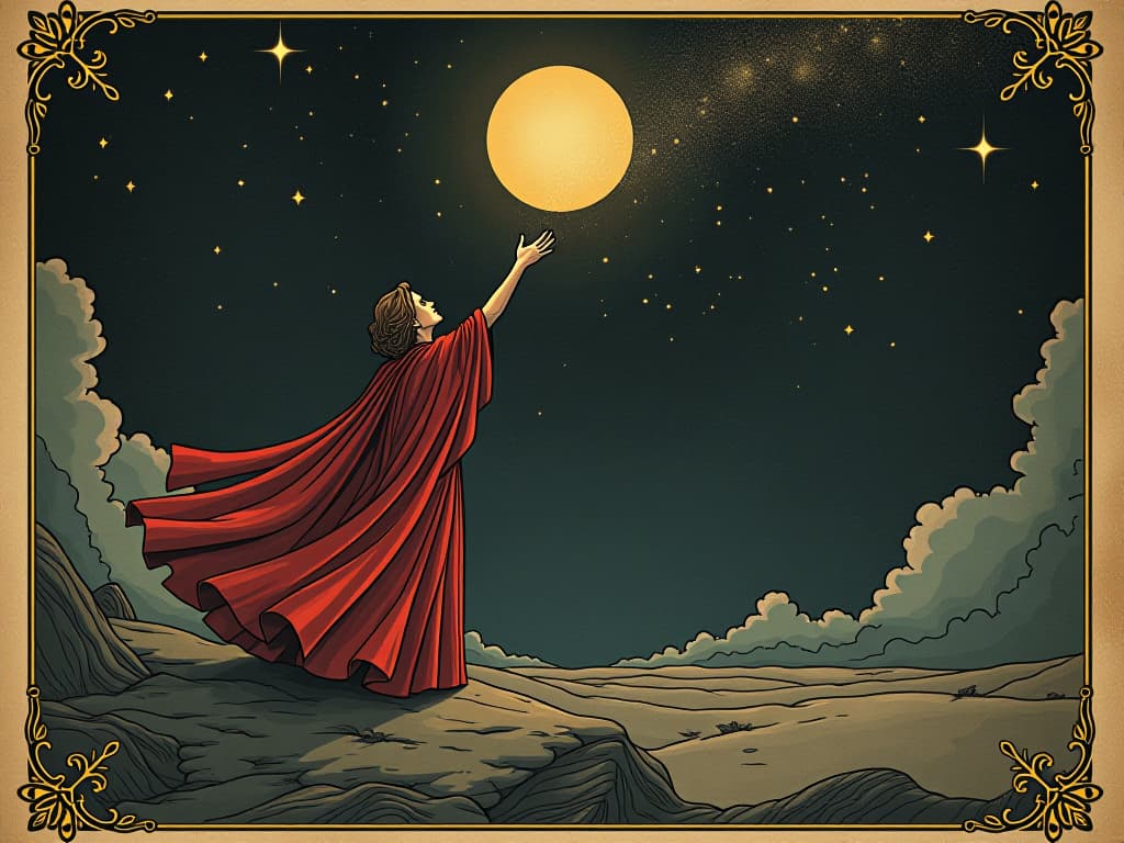  cosmic bond, figure reaching towards the stars, flowing robes, stardust trailing from fingers, connection, destiny. an illustration in the style of a worn, mystical old tarot trump card, mysterious and elements of surrealism. the colors are muted, somber and eerie, but with contrast bring out an occult and esoteric vibe.