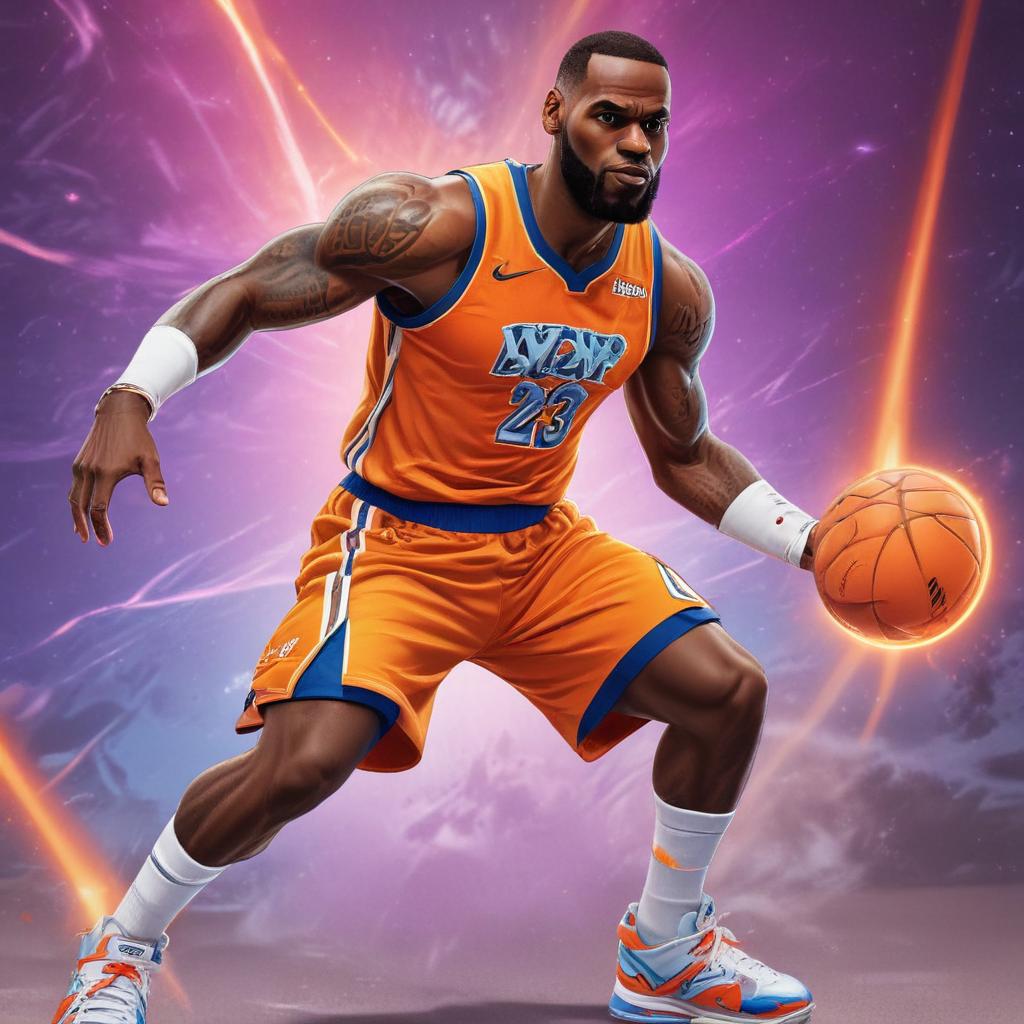 distance-shot, flashy, full-body, dynamic, holographic, animated cartoon poster of lebron james in the style of dragon ball super