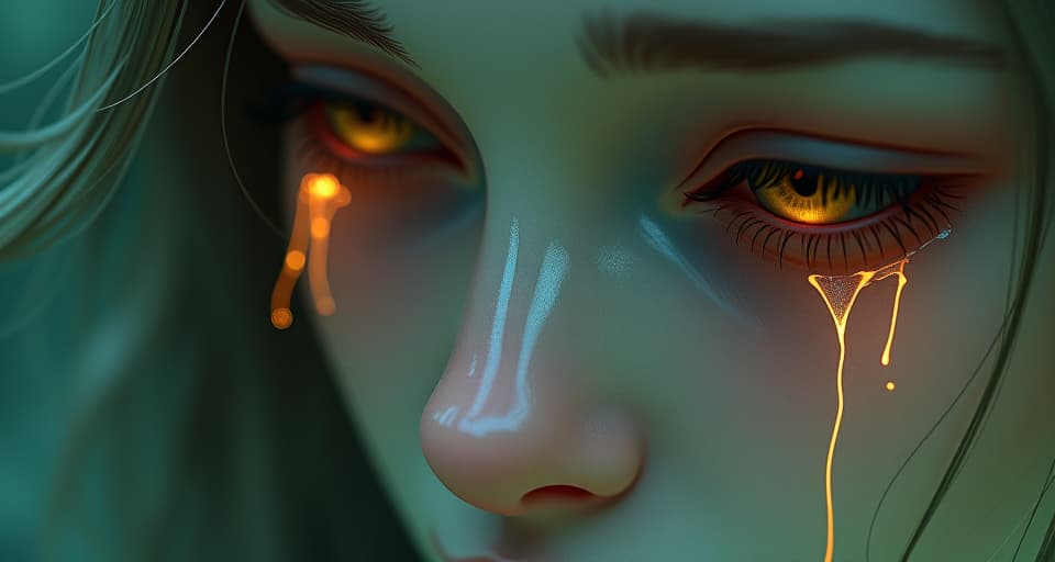  close up of an ethereal figure's face, silent tears tracing glowing paths down their cheeks. the expression capturing profound grief and sorrow amidst a fantasy like aura.. the style is digital art illustration,highly detailed, whimsical,magical, dreamlike atmosphere, realism and fantasy blend, smooth, glossy textures,luminous quality, wonder and enchantment.