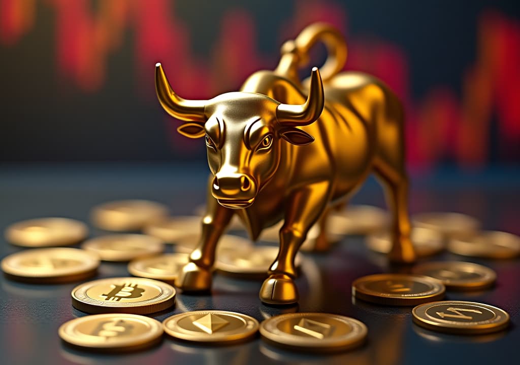  bull market in cryptocurrency: a golden bull statue stands amid scattered bitcoin and ethereum coins