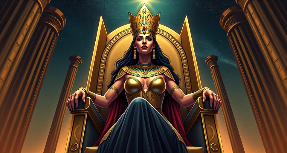  a powerful queen, large busted and in a tight, ornate dress, seated on a golden throne under a starry sky, surrounded by symbols of independence and leadership, radiating an aura of unexpected self reliance. the style is digital art illustration / modern comic book / mysterious occult, symbolic, esoteric vibe,high detail on character design, incorporating ancient egyptian symbology and attire.