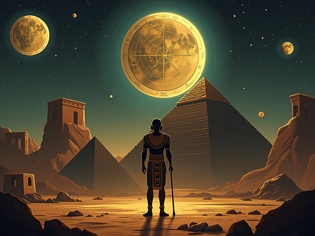  dogon village with star maps and celestial art, illustrating complex celestial knowledge, mood of ancient technological marvel. the style is digital art illustration / modern comic book / mysterious occult, symbolic, esoteric vibe,high detail on character design, incorporating ancient egyptian symbology and attire.