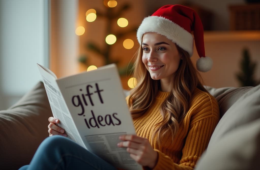  young woman in a new year's cap sits on a sofa with a newspaper in her hands "gift ideas" bright spacious room, close up, blurred background, garland lights ar 3:2 {prompt}, maximum details