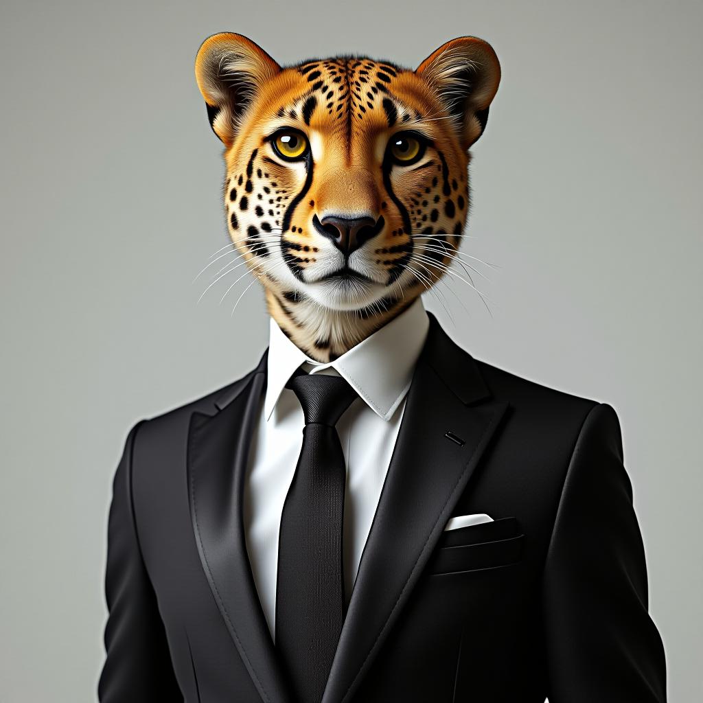  cheetah or leopard dressed in an elegant and modern suit with a nice tie. fashion portrait of an anthropomorphic animal, feline, shooted in a charismatic human attitude