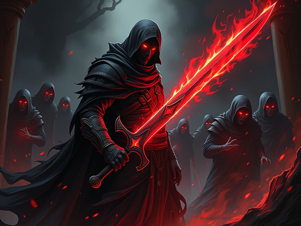  battle worn sword, covered in ethereal flames, surrounded by ancestral ghosts, tense atmosphere. the style is digital art illustration / modern comic book / graphic dark novel fantasy and mysterious occult, symbolic, moody lighting, esoteric vibe,high detail on character design. for the color scheme emphasize blacks and reds.