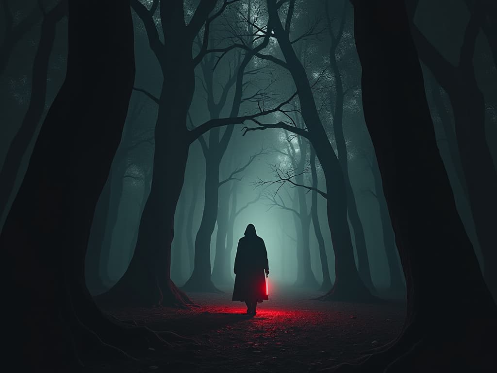  shadowy forest, central figure fleeing from distant lights, sense of involuntary exile and growing isolation. the style is dark fantasy and mysterious occult, symbolic, moody lighting, esoteric vibe,high detail on character design. for the color scheme emphasize blacks and reds.