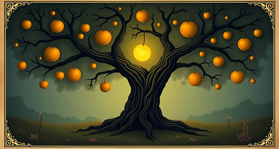  a tree bearing glowing fruit, ripe with fulfillment, real, manifesting. an illustration in the style of a worn, mystical old tarot trump card, mysterious and elements of surrealism. the colors are muted, somber and eerie, but with contrast bring out an occult and esoteric vibe.