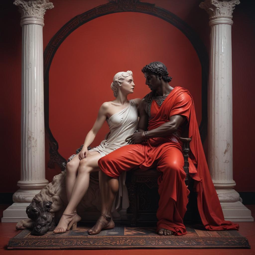 A reflective scene showing Achilles' thoughts turning to his mother, Thetis, with a flashback to the attempt to make him immortal, juxtaposed with his current vulnerable state, conveying a sense of irony and inevitability, with a focus on the exposed heel that seals his tragic fate"in the style of classical Greek pottery art, with intricate black figures on a red background, depicting mythological scenes with a focus on gods and heroes, using a limited color palette of red, black, and white"This image is a breathtaking painting that captures the magical scene with vivid detail. The overall composition is spellbinding, showcasing a perfect harmony. photorealism fantasy, unreal engine 5, concept hyperrealistic, full body, detailed clothing, highly detailed, cinematic lighting, stunningly beautiful, intricate, sharp focus, f/1. 8, 85mm, (centered image composition), (professionally color graded), ((bright soft diffused light)), volumetric fog, trending on instagram, trending on tumblr, HDR 4K, 8K