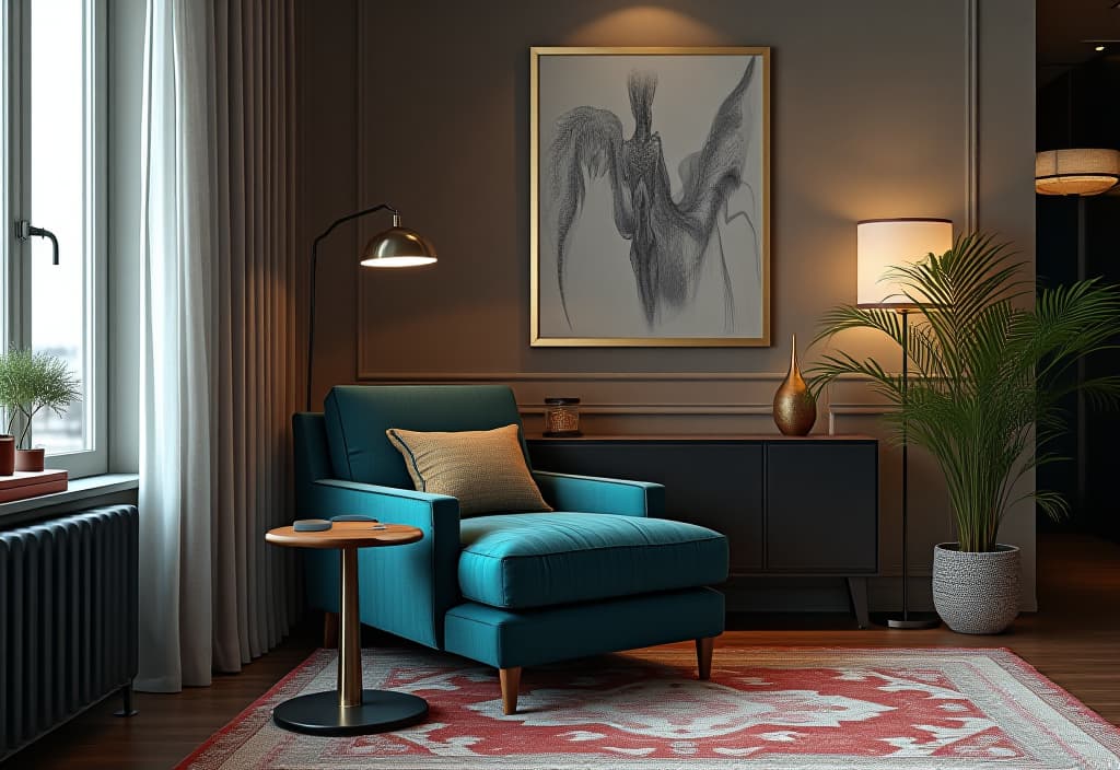  a landscape photo of a cozy living room corner with a statement oversized armchair in a bold jewel tone, paired with a minimalist floor lamp and a small side table hyperrealistic, full body, detailed clothing, highly detailed, cinematic lighting, stunningly beautiful, intricate, sharp focus, f/1. 8, 85mm, (centered image composition), (professionally color graded), ((bright soft diffused light)), volumetric fog, trending on instagram, trending on tumblr, HDR 4K, 8K