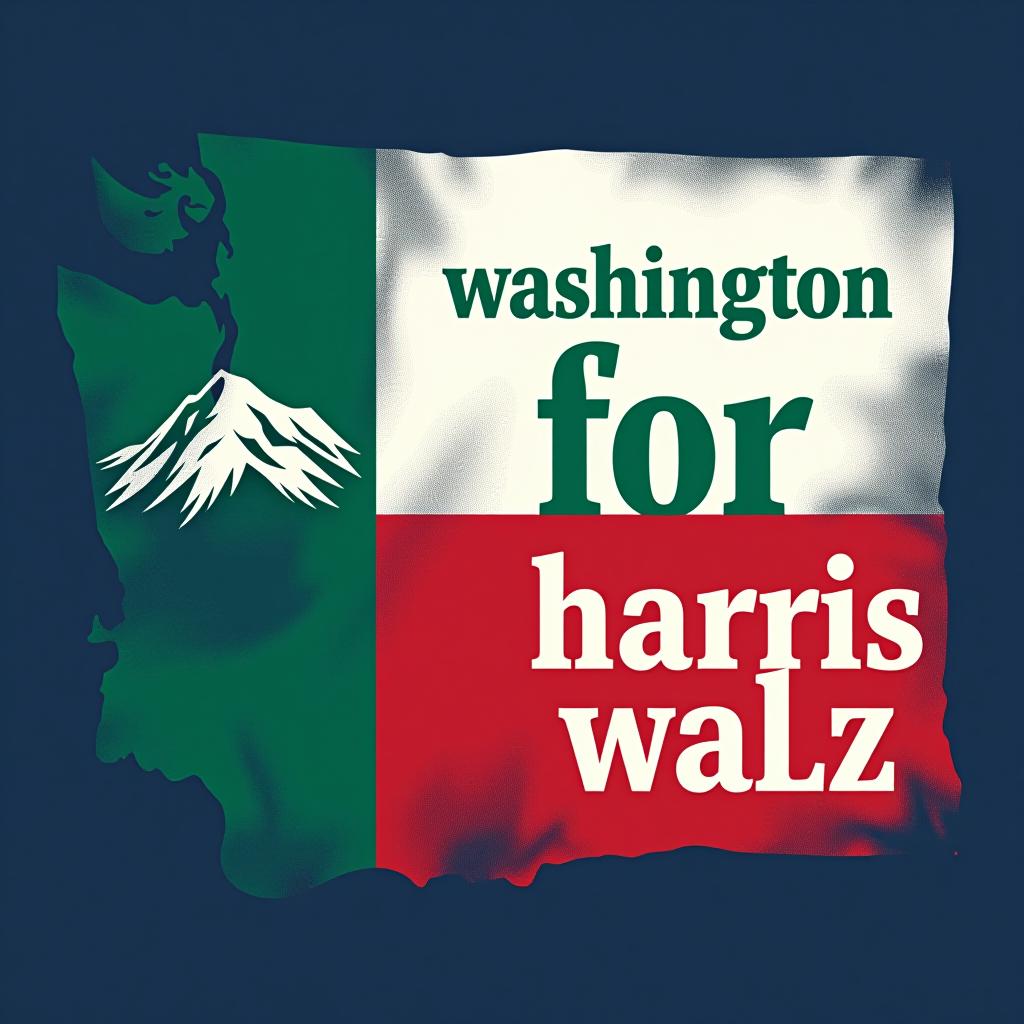  a tshirt design inspired by the washington state flag. the left side features a green vertical stripe with a large mountain in the center. the right side is divided into two horizontal sections: the top section is white with the text 'washington for' in bold, green, uppercase letters, and the bottom section is red with the text 'harris walz' in bold, white, uppercase letters. the overall layout is clean and straightforward, with a clear and patriotic color scheme of blue, white, and red.