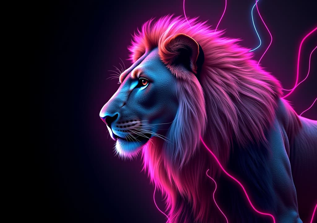  lion animal plexus neon black background digital desktop wallpaper hd 4k network light glowing laser motion bright abstract