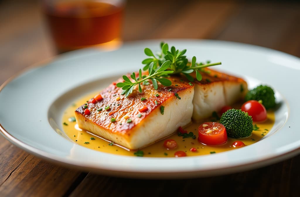  food gourmet photography style, baked trout steak on a white plate ar 3:2, appetizing, professional, culinary, high resolution, commercial, highly detailed ,soft natural lighting, macro details, vibrant colors, fresh ingredients, glistening textures, bokeh background, styled plating, wooden tabletop, garnished, tantalizing, editorial quality