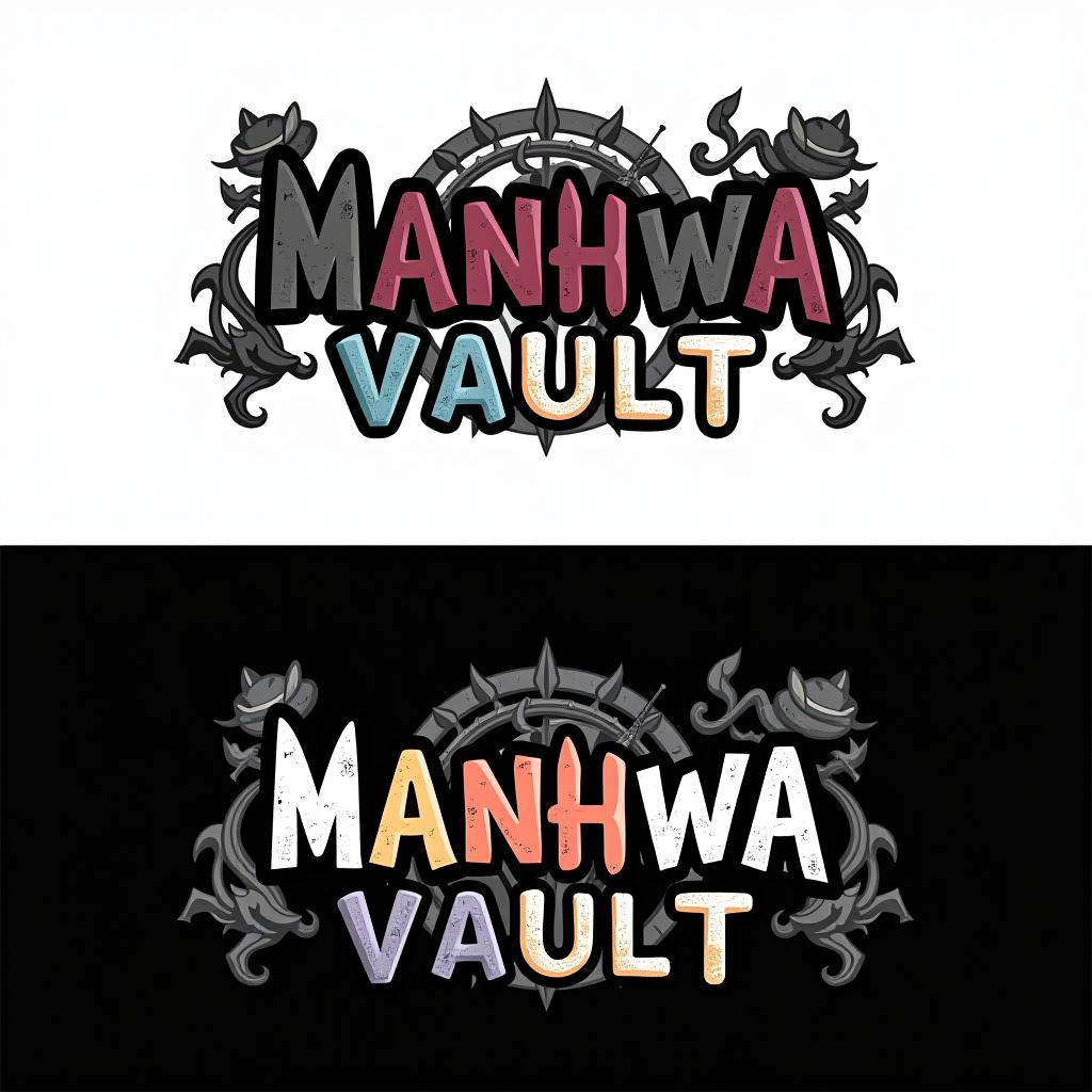  good quality, high quality, the "manhwa vault" logo featuring a manga style hot in a black and white color scheme, with detailed shading and dramatic line work. the font is in a vint, multi colored style, contrasting with the monochrome ilration. the is positioned ly interacting with the letters, adding movement and energy to the design.