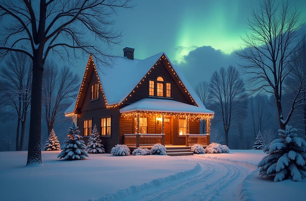  professional detailed photography, winter landscape, house with snow covered roof and new year garlands, light in windows, northern lights ar 3:2, (muted colors, dim colors, soothing tones), (vsco:0.3)