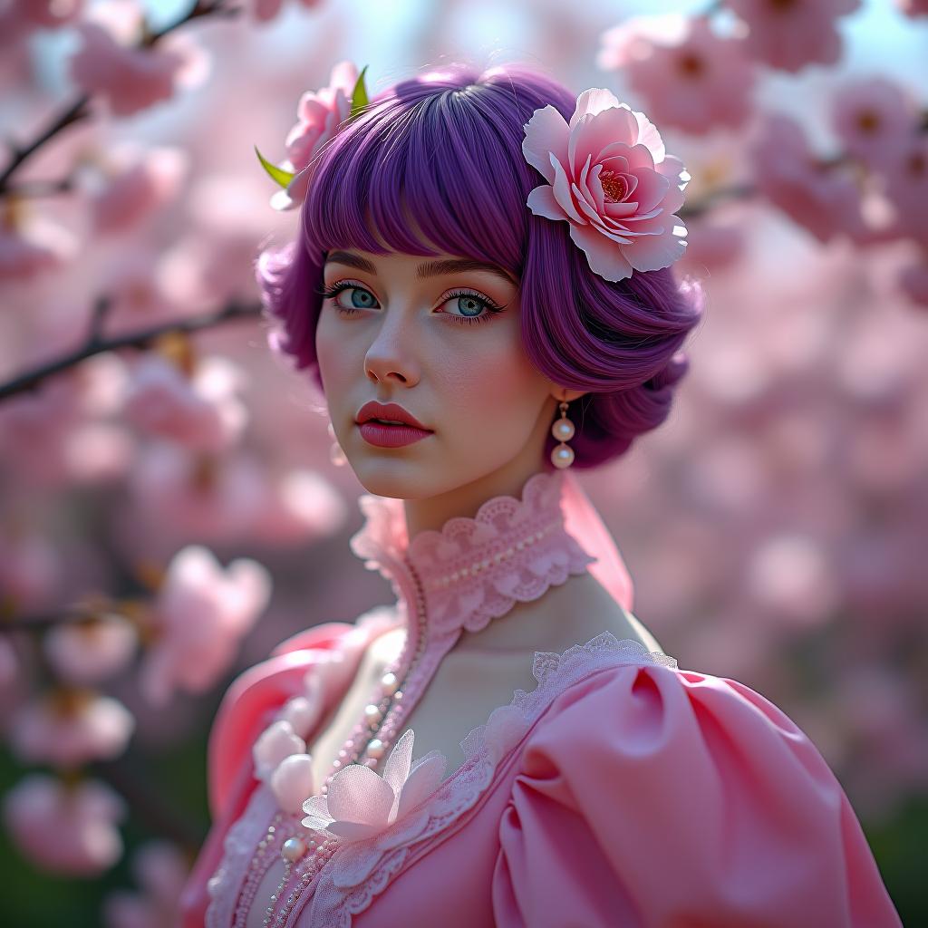  a woman with purple hair adorned with flowers wearing a victorian inspired outfit amongst pink cherry blossoms. modern gothpunk pink girl in cherry blossom sakura viewing spring:: victorian goth fashion for pixie faeiries, cameo, tom bagshaw, cathy locke, h. a. brendekilde, jessie m. king, peter nottrott, golden ratio, deep white, purple, white hues, rococo, victorian, characterart, klimt and mucha, mysterious, magical ambiance,, hkmagic hyperrealistic, full body, detailed clothing, highly detailed, cinematic lighting, stunningly beautiful, intricate, sharp focus, f/1. 8, 85mm, (centered image composition), (professionally color graded), ((bright soft diffused light)), volumetric fog, trending on instagram, trending on tumblr, HDR 4K, 8K