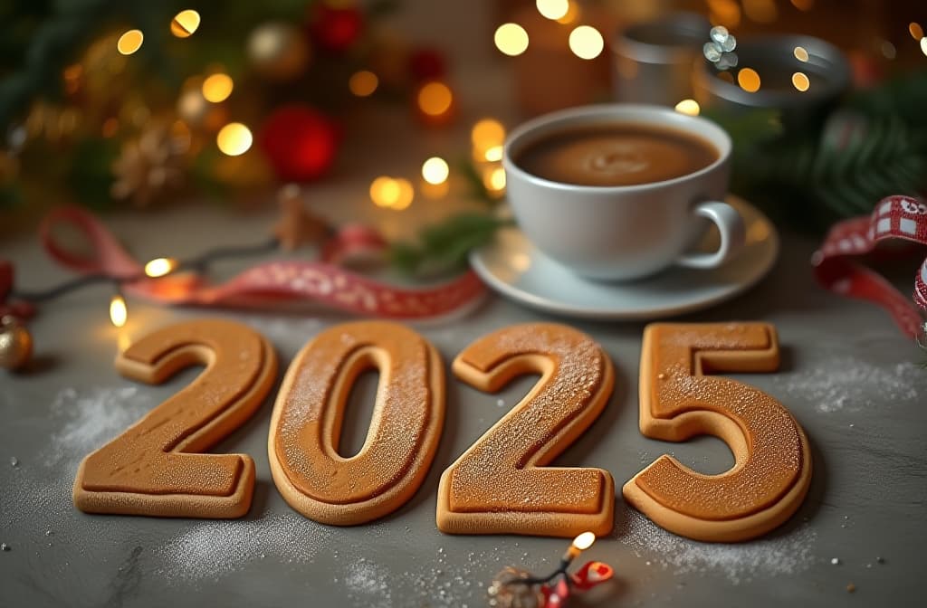  advertising style, stock photo, corporate branding style create a new year's banner for a coffee shop with the numbers "2025" in the form of a ginger cookie lying on the table next to a cup of coffee. the background should be cozy, creating a warm, inviting atmosphere. decorate the interior with christmas decorations such as garlands, tinsel and small light bulbs to give it a festive touch. the design should combine the cozy atmosphere of a winter cafe with a festive mood. view from above ar 3:2 . professional, clean, modern, product focused, commercial, eye catching, minimalist, business oriented, highly detailed