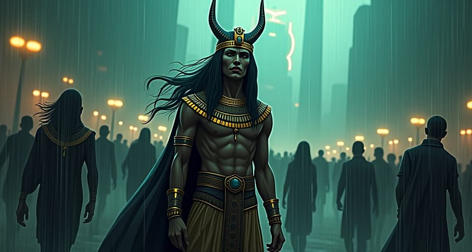  shouts and cries barely audible over the roar of the storm, people in disarray, rain and wind blending together in a chaotic symphony.. the style is digital art illustration / modern comic book / mysterious occult, symbolic, esoteric vibe,high detail on character design, incorporating ancient egyptian symbology and attire.