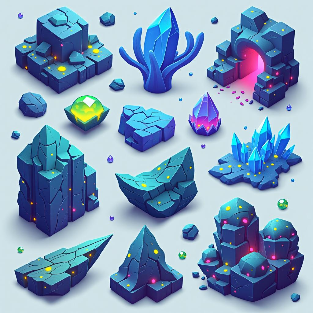  white background. a collection of assets and materials derived from a hyper realistic alien planet, featuring bioluminescent crystals, glowing organic matter, and fragments of unique architectural structures. each asset should reflect the same fantasy elements as the planet, with floating pieces, glowing edges, and a consistent color palette. include items like glowing rocks, mysterious plant life, and fragments of the planet's structures, all in a cartoon and disney style.