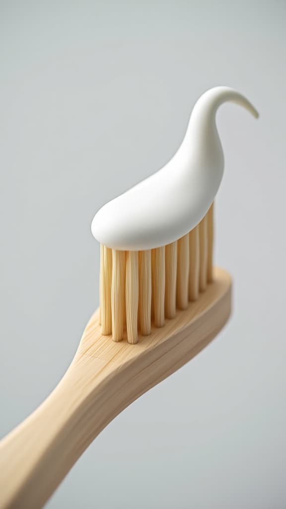  toothpaste on the bristles of a wood and bamboo toothbrush, white background, clean aesthetic and photo realistic, overall composition clean composition ar 9:16 {prompt}, maximum details