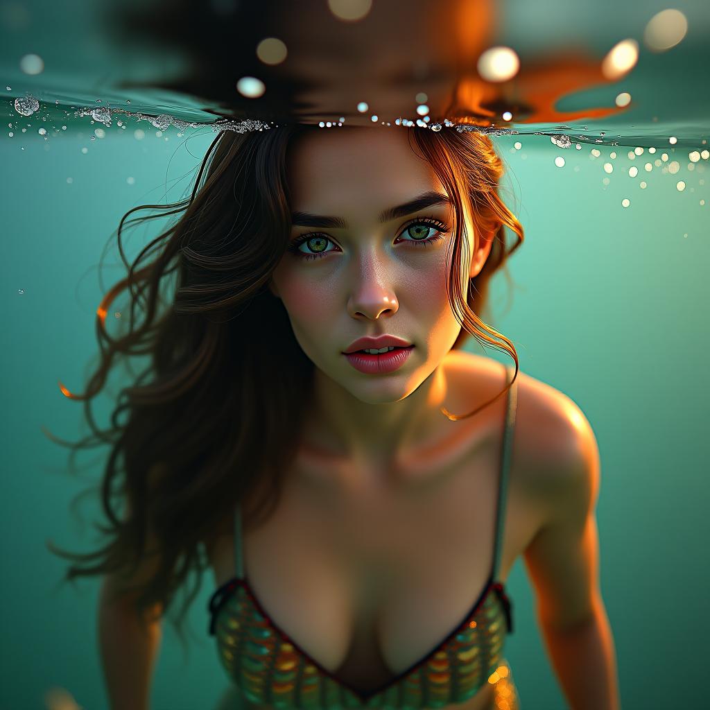  5. a gorgeous portrait of a fantasy mermaid woman, half submerged in water. her scales glinting majestically under the warm sunrise. shot with an underwater dslr, nikon d850, and a 14 24mm f/2.8 lens. small text 'astravision' at bottom right corner. hyperrealistic, full body, detailed clothing, highly detailed, cinematic lighting, stunningly beautiful, intricate, sharp focus, f/1. 8, 85mm, (centered image composition), (professionally color graded), ((bright soft diffused light)), volumetric fog, trending on instagram, trending on tumblr, HDR 4K, 8K