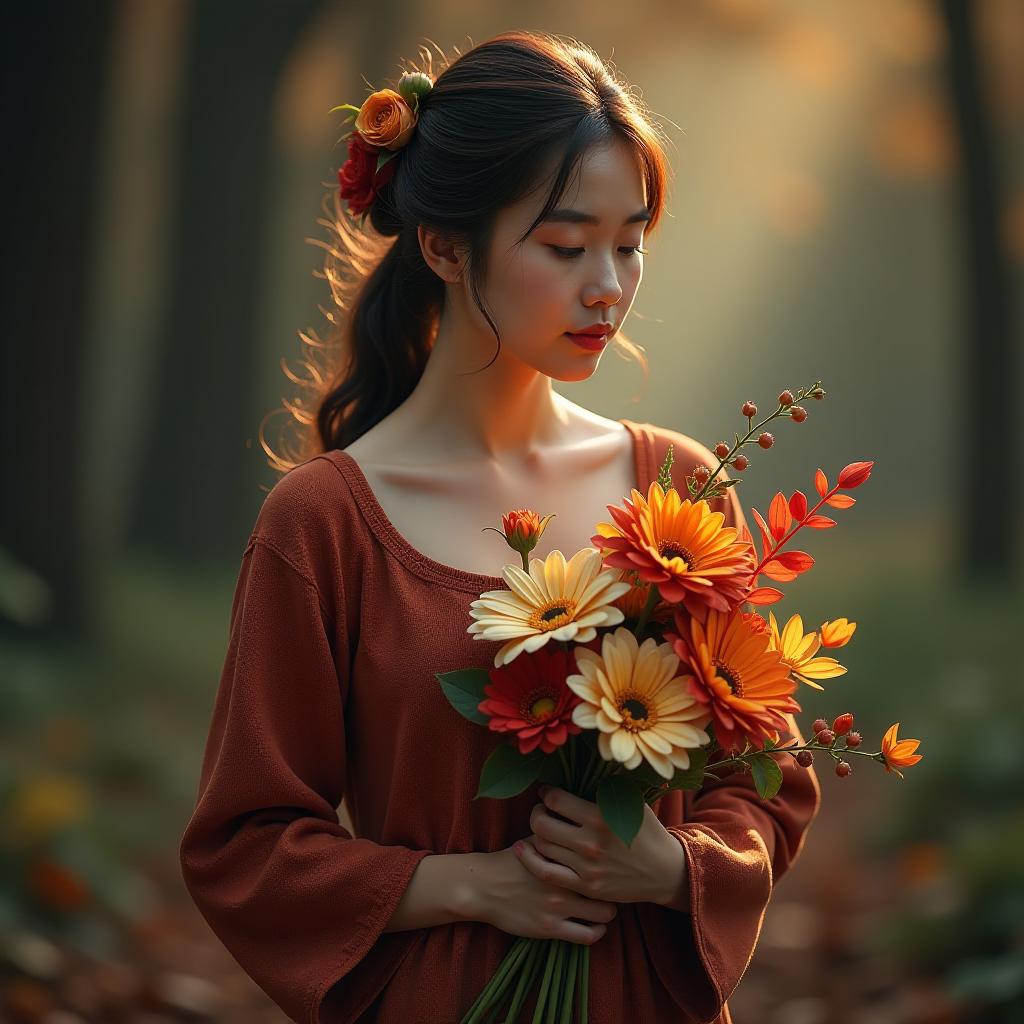  autumn bouquet craft hyperrealistic, full body, detailed clothing, highly detailed, cinematic lighting, stunningly beautiful, intricate, sharp focus, f/1. 8, 85mm, (centered image composition), (professionally color graded), ((bright soft diffused light)), volumetric fog, trending on instagram, trending on tumblr, HDR 4K, 8K