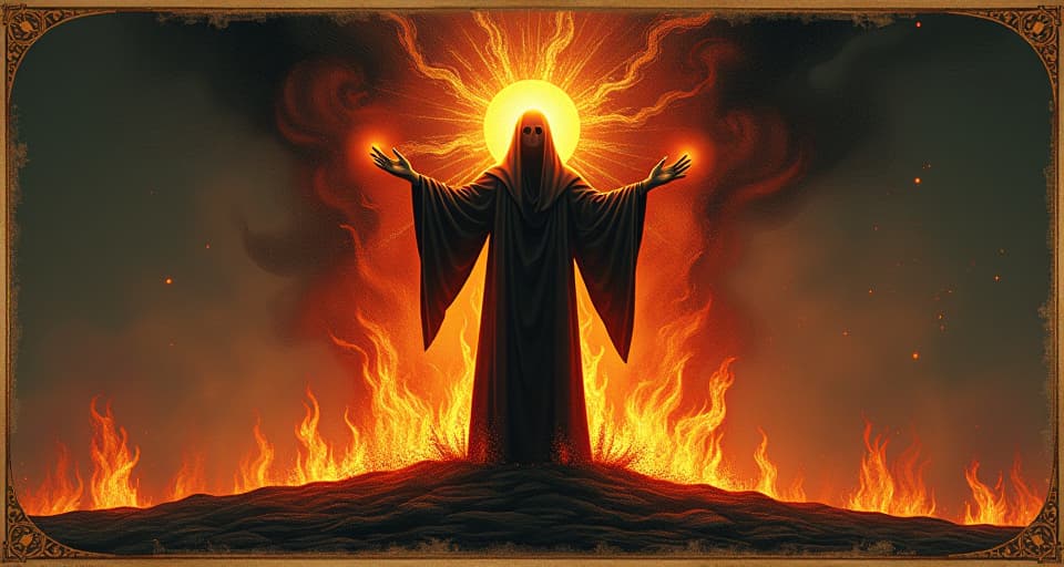  a radiant figure standing amidst flames, forging in divine fire, unyielding, transcendent, symbolic of strength through trials. an illustration in the style of a worn, mystical old tarot trump card, mysterious and elements of surrealism. the colors are muted, somber and eerie, but with contrast bring out an occult and esoteric vibe.