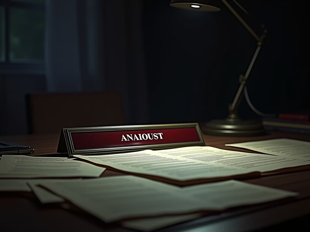  close up of a modern desk, damaged nameplate, scattered papers, dim desk lamp casting shadows, muted colors, mood of difficulty and effort.. the style is dark fantasy and mysterious occult, symbolic, moody lighting, esoteric vibe,high detail on character design. for the color scheme emphasize blacks and reds.