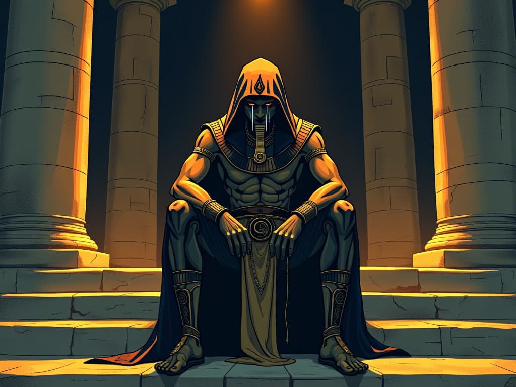  a lonely figure, clad in ancient egyptian garb, sitting on steps of a temple, tears streaming down their face, representing unexplained sadness. the style is digital art illustration / modern comic book / mysterious occult, symbolic, esoteric vibe,high detail on character design, incorporating ancient egyptian symbology and attire.