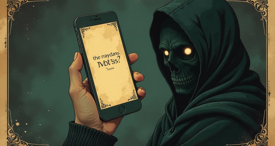  hand holding phone, message on screen, plea masked as casual, underlying sorrow. an illustration in the style of a worn, mystical old tarot trump card, mysterious and elements of surrealism. the colors are muted, somber and eerie, but with contrast bring out an occult and esoteric vibe.