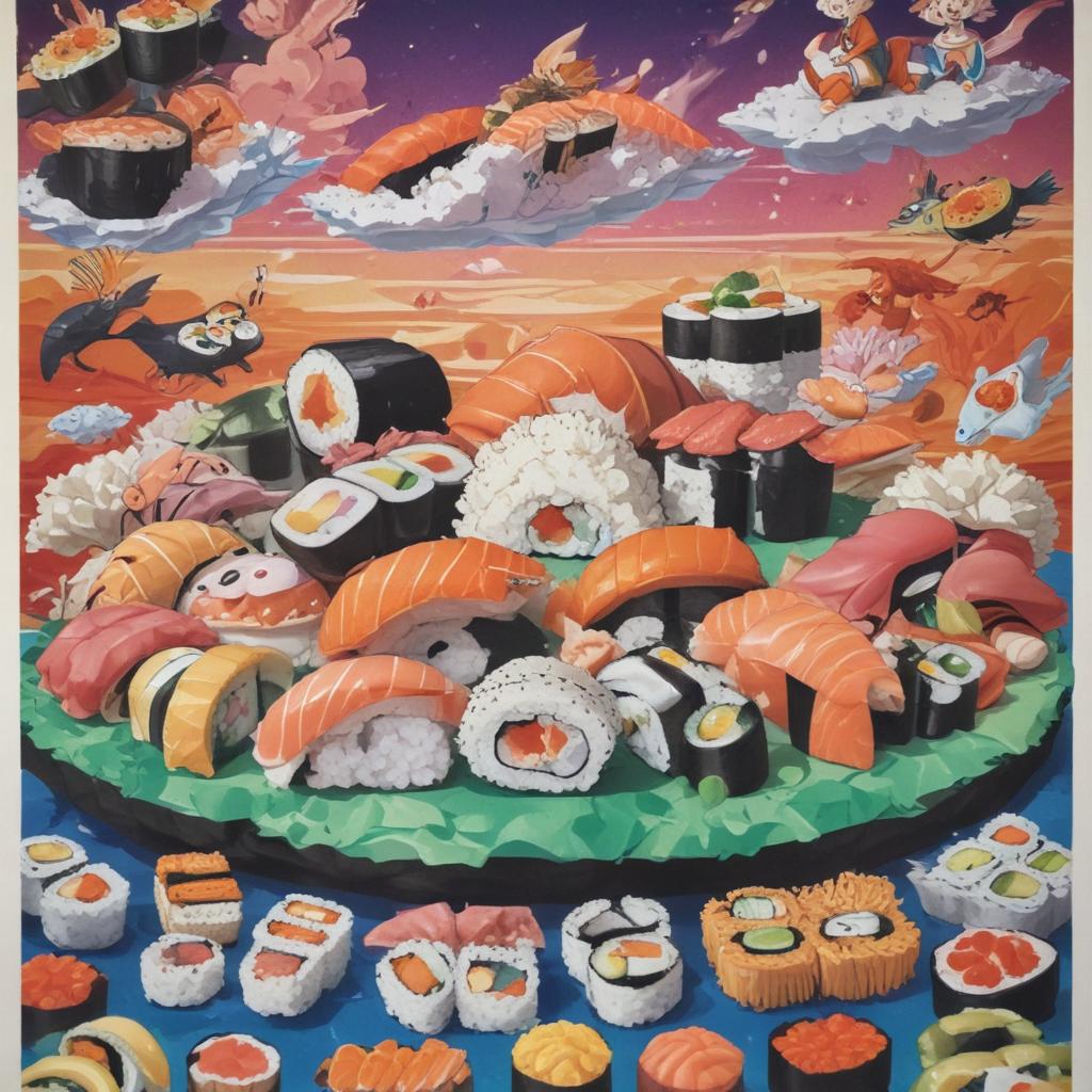 distance-shot, flashy, full-body, dynamic, holographic, animated cartoon poster of sushi scene in the style of dragon ball super