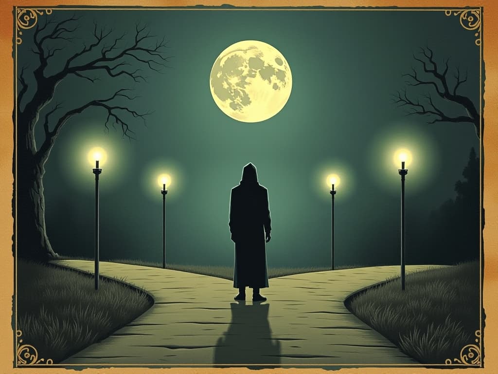  a figure standing at a crossroads illuminated by moonlight, spectral guides surrounding them with soft glowing light, sense of decision, divine support, crossroads and paths. an illustration in the style of a worn, mystical old tarot trump card, mysterious and elements of surrealism. the colors are muted, somber and eerie, but with contrast bring out an occult and esoteric vibe.