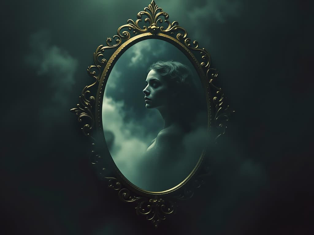  an enchanted mirror framed with gold filigree, reflecting a clouded, distorted image, surrounded by shadowy fog, ethereal glow, enigmatic and unsettling.. the style is dark fantasy and mysterious occult, symbolic, moody lighting, esoteric vibe,high detail on character design. for the color scheme emphasize blacks and reds.