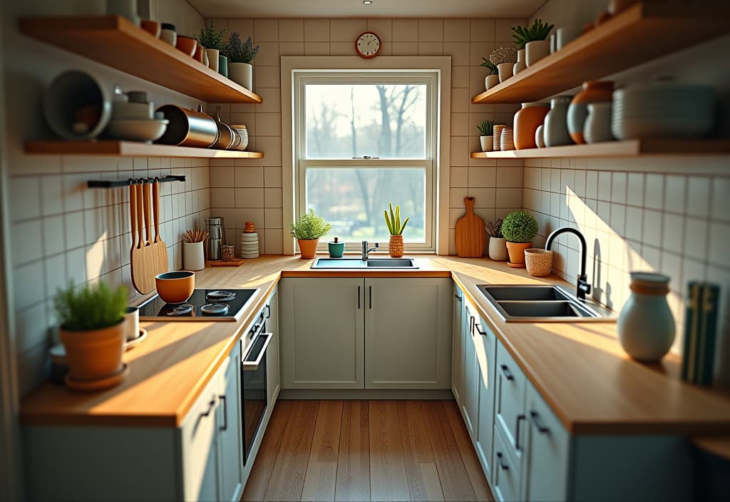  a landscape photo of a birds eye view of a compact kitchen with clever storage solutions, including hanging pots and pans, magnetic knife strips, and pull out pantry shelves, all in a bright, airy color scheme hyperrealistic, full body, detailed clothing, highly detailed, cinematic lighting, stunningly beautiful, intricate, sharp focus, f/1. 8, 85mm, (centered image composition), (professionally color graded), ((bright soft diffused light)), volumetric fog, trending on instagram, trending on tumblr, HDR 4K, 8K