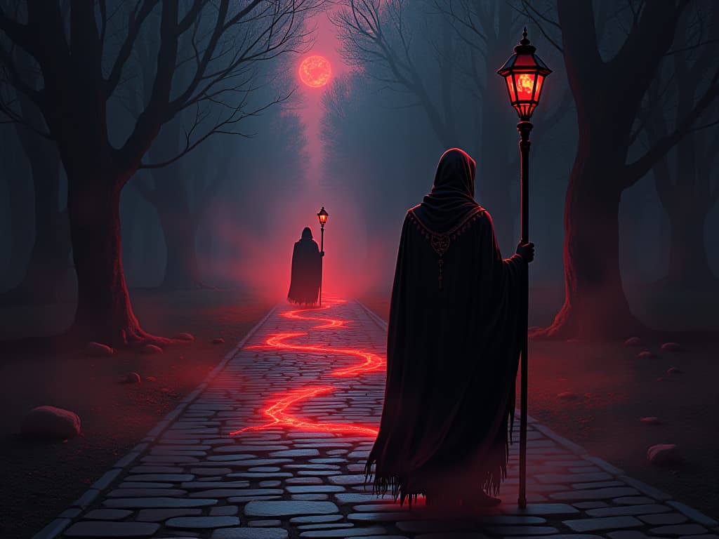  glowing runes on cobblestone path, symbols emerging, synchronicities. the style is digital art illustration / modern comic book / graphic dark novel fantasy and mysterious occult, symbolic, moody lighting, esoteric vibe,high detail on character design. for the color scheme emphasize blacks and reds.