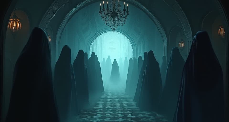  dimly lit enchanted room, filled with shadowy figures, their expressions reflecting sorrow and regret. central, ethereal light highlighting a sense of lost opportunity, atmosphere one of quiet realization.. the style is digital art illustration,highly detailed, whimsical,magical, dreamlike atmosphere, realism and fantasy blend, smooth, glossy textures,luminous quality, wonder and enchantment.