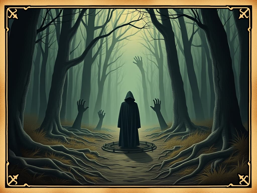  lone figure caught in a trap, dark forest background, shadowy hands in the distance, ominous, feeling of entrapment. an illustration in the style of a worn, mystical old tarot trump card, mysterious and elements of surrealism. the colors are muted, somber and eerie, but with contrast bring out an occult and esoteric vibe.