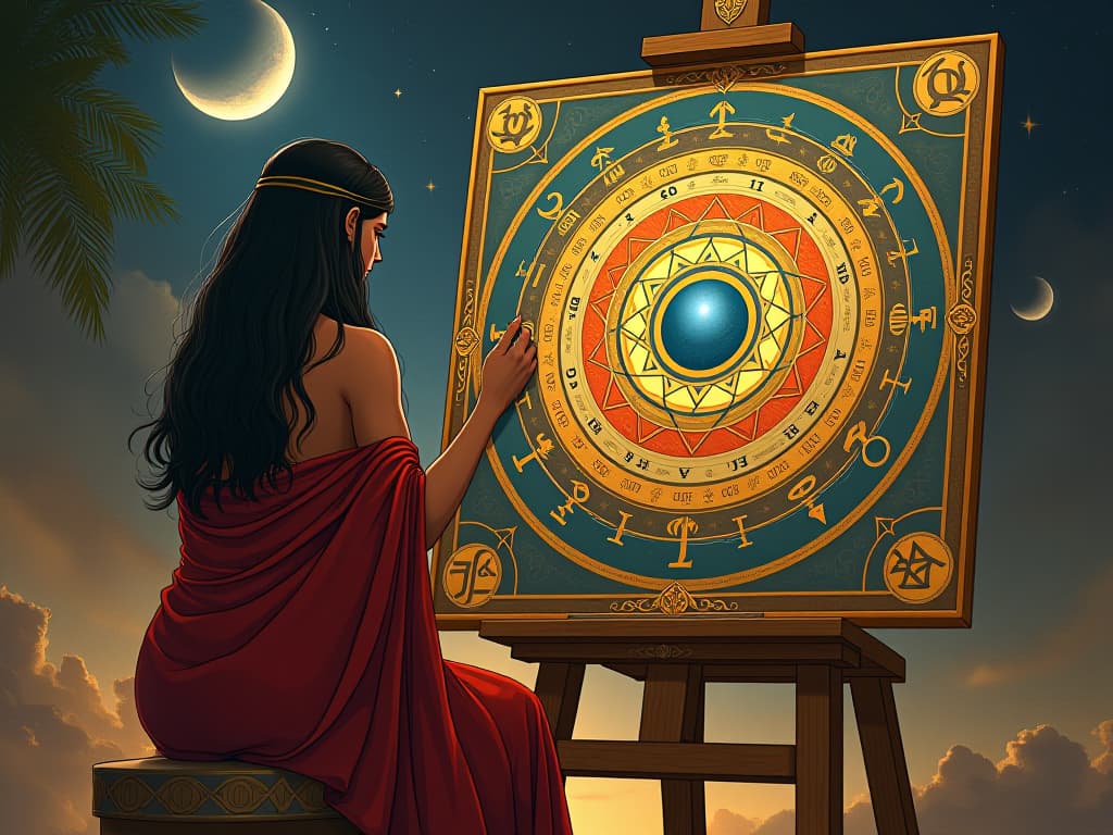  a painter at an easel, depicting a cosmic canvas with intricate symbols, large busted woman in sensual robes interpreting the art, layers of universal intention. the style is digital art illustration / modern comic book / mysterious occult, symbolic, esoteric vibe,high detail on character design, incorporating ancient egyptian symbology and attire.