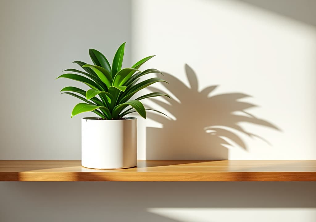  a simple white planter holding a vibrant green plant, casting elegant shadows on a minimalist wooden shelf.