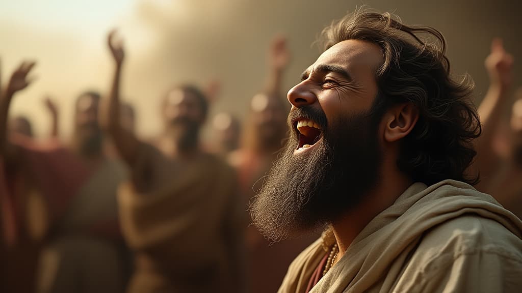  the prophet elijah laughing and mocking the prophets of baal, in the background the prophets of baal with their hands raised, focus on elijah's face