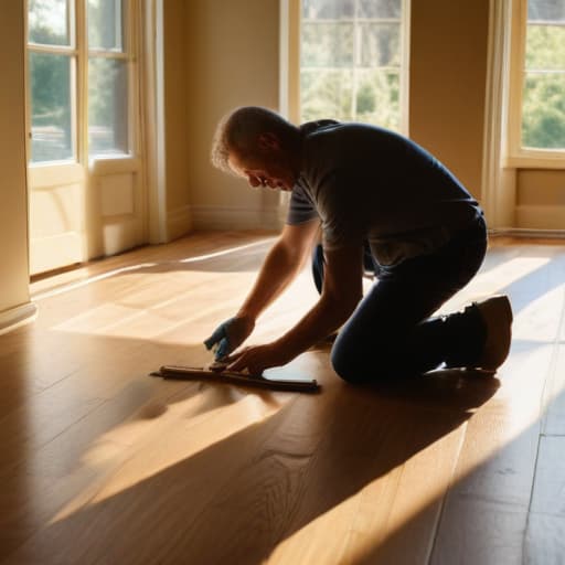 A photo of a skilled artisan meticulously hammering in luxurious hardwood flooring planks in a spacious and sunlit living room during mid-afternoon with warm, golden light streaming through the windows, casting soft shadows across the room.