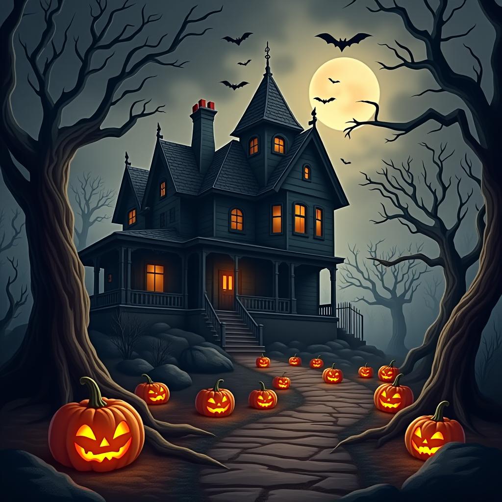  create a seamless digital painting of a spooky, halloween themed scene featuring a haunted house with gothic architecture. the house should be surrounded by twisted, gnarled trees and a multitude of jack o' lanterns. the scene should include a dark, cloudy sky to enhance the eerie atmosphere. the overall style should be detailed and atmospheric, capturing the essence of a haunted, creepy environment perfect for halloween, ensuring the design is seamless for use in repeating patterns or wraps.