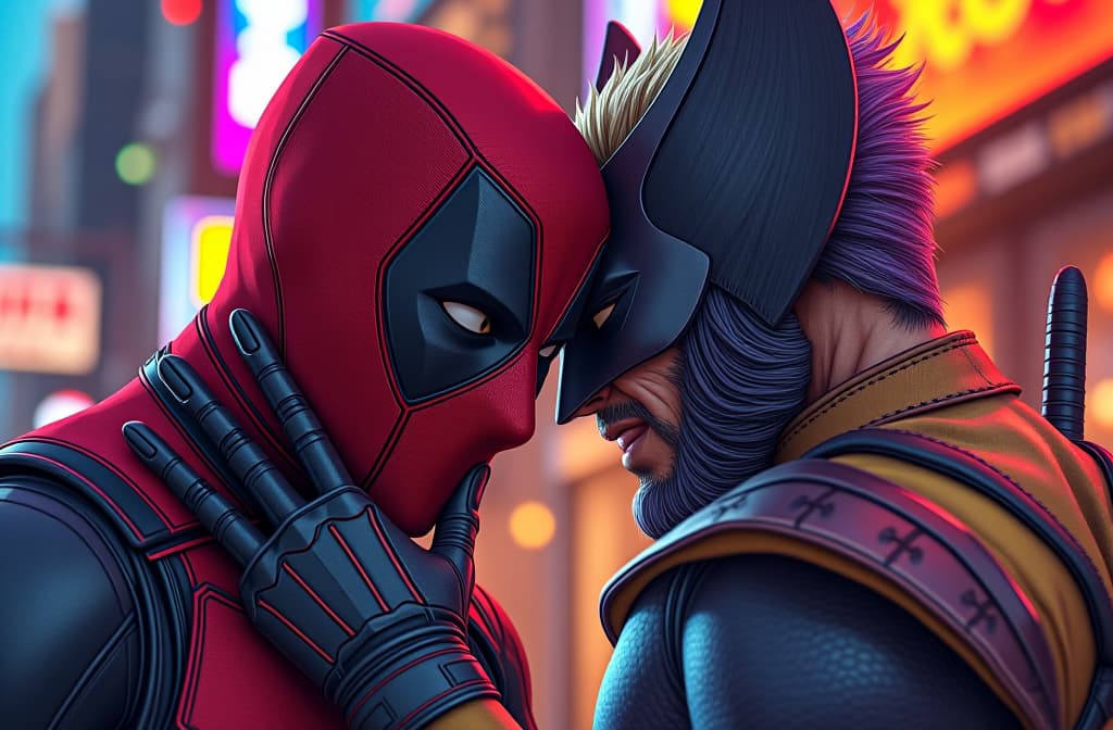  deadpool and wolverine, multicolored hair, colorful background, realistic shaded perfect face, fine details by realistic shaded lighting poster by ilya kuvshinov katsuhiro otomo, magali villeneuve, artgerm, jeremy lipkin and michael garmash and rob rey hyperrealistic, full body, detailed clothing, highly detailed, cinematic lighting, stunningly beautiful, intricate, sharp focus, f/1. 8, 85mm, (centered image composition), (professionally color graded), ((bright soft diffused light)), volumetric fog, trending on instagram, trending on tumblr, HDR 4K, 8K