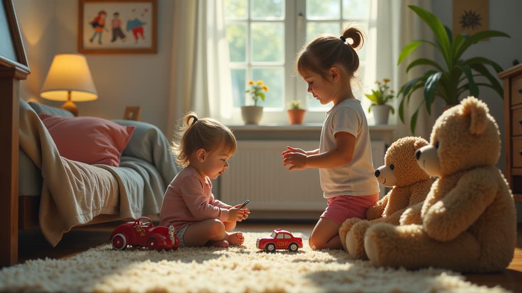  professional detailed photography, children playing in a room where toys come to life. dolls, cars and teddy bears interact with them, creating an atmosphere of fun and friendship. drawings depicting their adventures hang on the walls. ar 16:9, (muted colors, dim colors, soothing tones), (vsco:0.3)