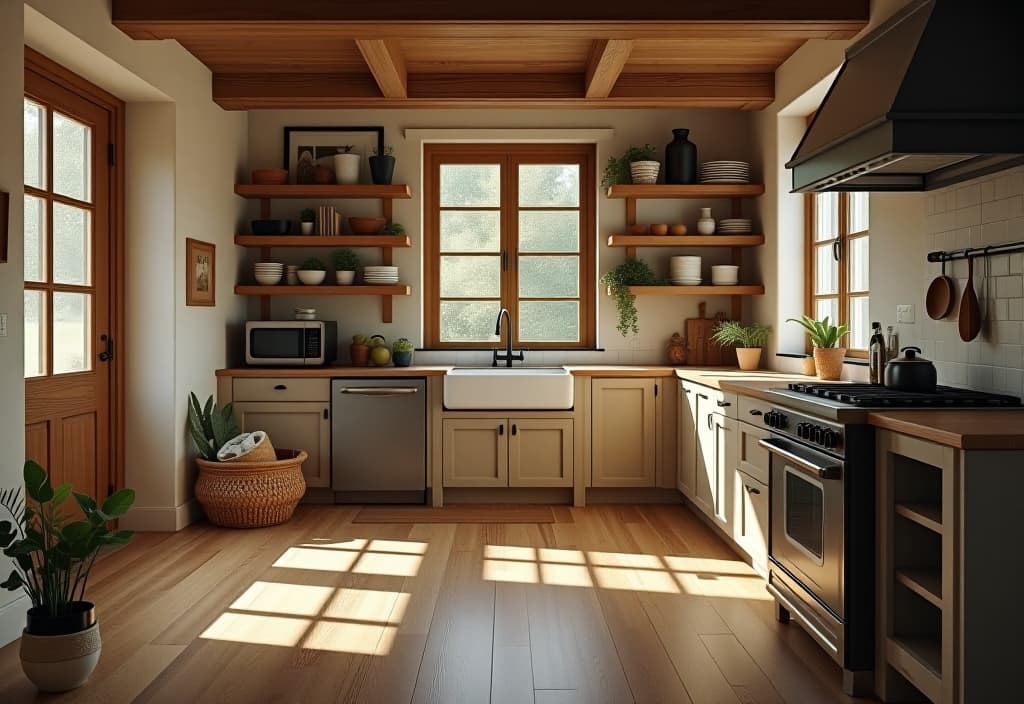  a landscape photo of a rustic farmhouse kitchen with wide plank reclaimed wood flooring, featuring a vintage sink and open shelving, captured from a corner perspective hyperrealistic, full body, detailed clothing, highly detailed, cinematic lighting, stunningly beautiful, intricate, sharp focus, f/1. 8, 85mm, (centered image composition), (professionally color graded), ((bright soft diffused light)), volumetric fog, trending on instagram, trending on tumblr, HDR 4K, 8K