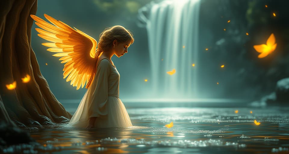  a reflective angel with golden wings, standing by a glowing, enchanted waterfall, her eyes closed in introspection. the environment serene yet solemn, with floating luminescent flowers highlighting her deep regret.. the style is digital art illustration,highly detailed, whimsical,magical, dreamlike atmosphere, realism and fantasy blend, smooth, glossy textures,luminous quality, wonder and enchantment.