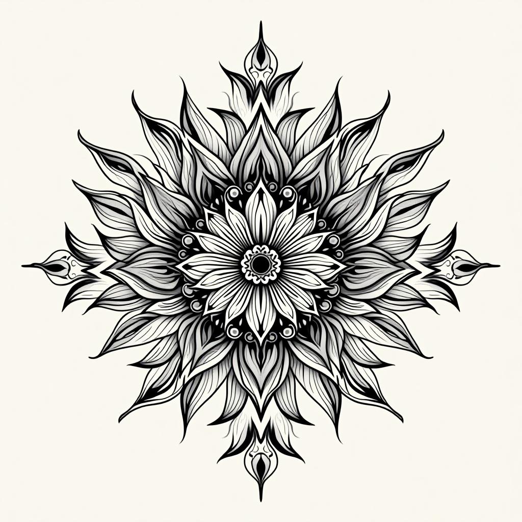  create a tattoo design, traditional mandala with lotus petals, white background